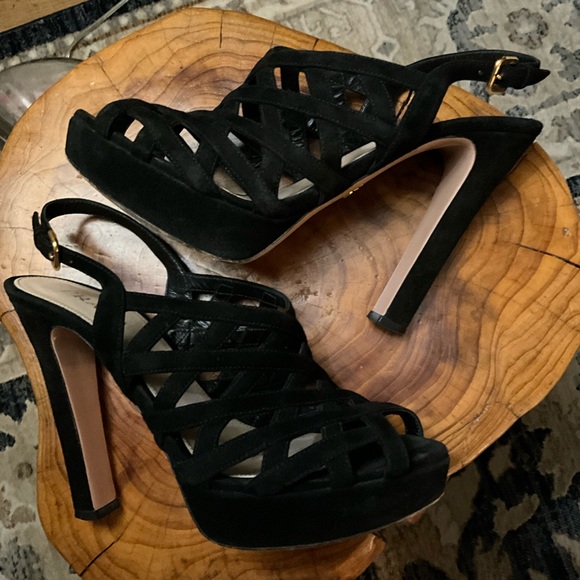 PRADA black suede platform sandals with 5” covered heel and woven vamp 8.5 - Picture 9 of 11